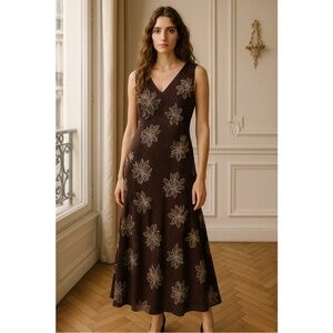 Newport News Vintage 90s Y2K Midi Slip Dress Bias Cut Brown Floral Sleeveless 18